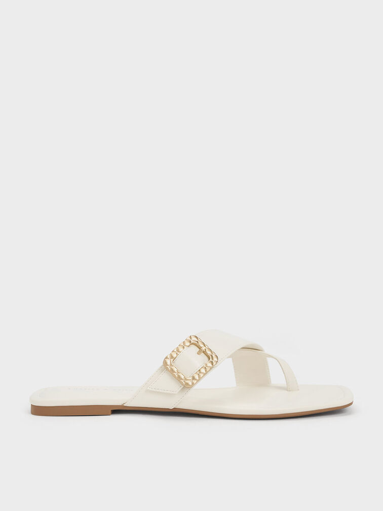 Quilted Buckle Thong Sandals, Chalk, hi-res