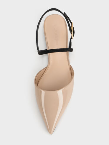 Sepatu Flats Pointed-Toe Slingback Luciana Faux Suede Patent, Nude, hi-res