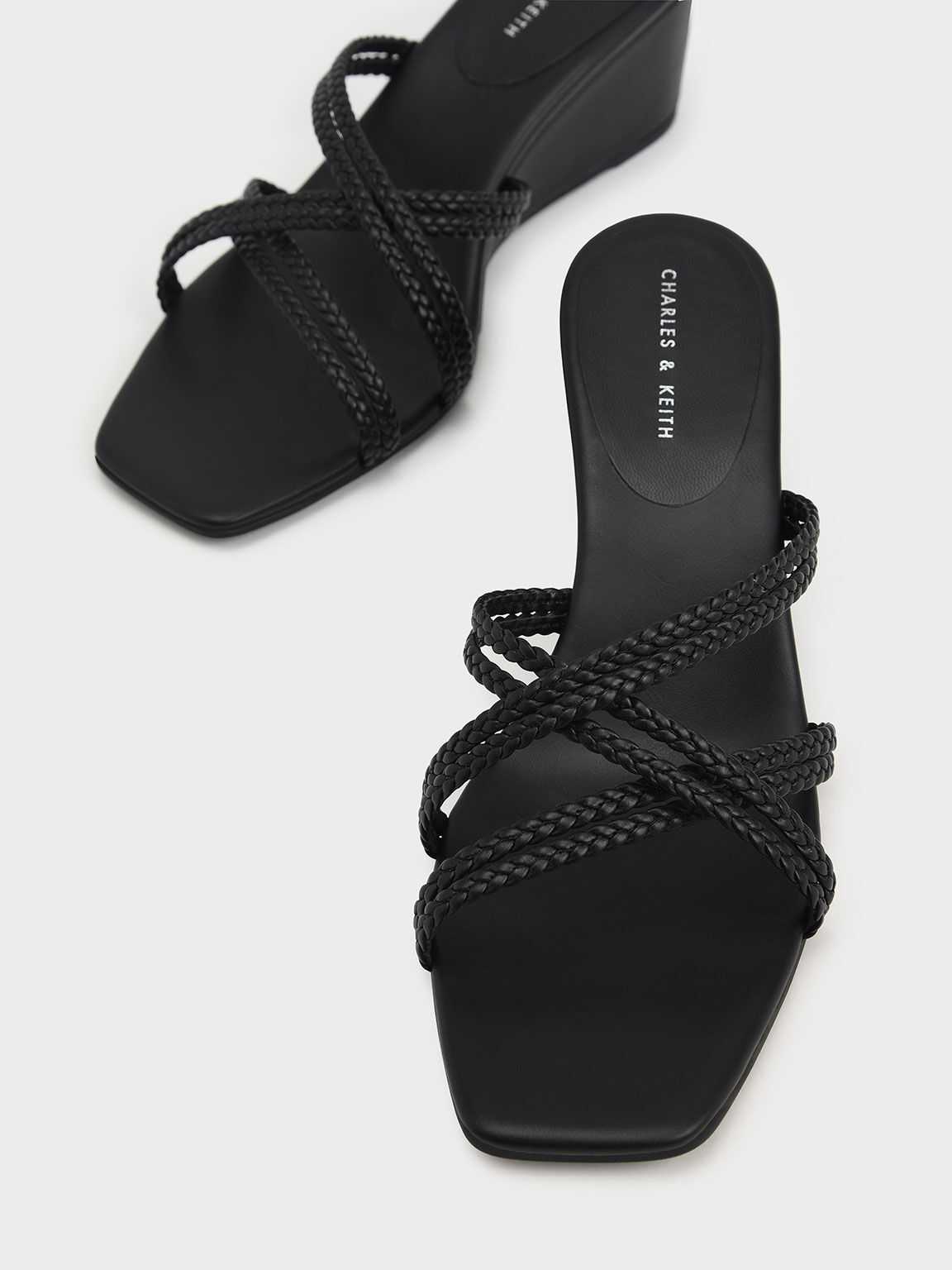 Sandal Wedges Braided Strap, Black, hi-res