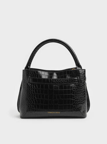 Tas Top Handle Victoria Belted Croc-Effect, Black Croco, hi-res