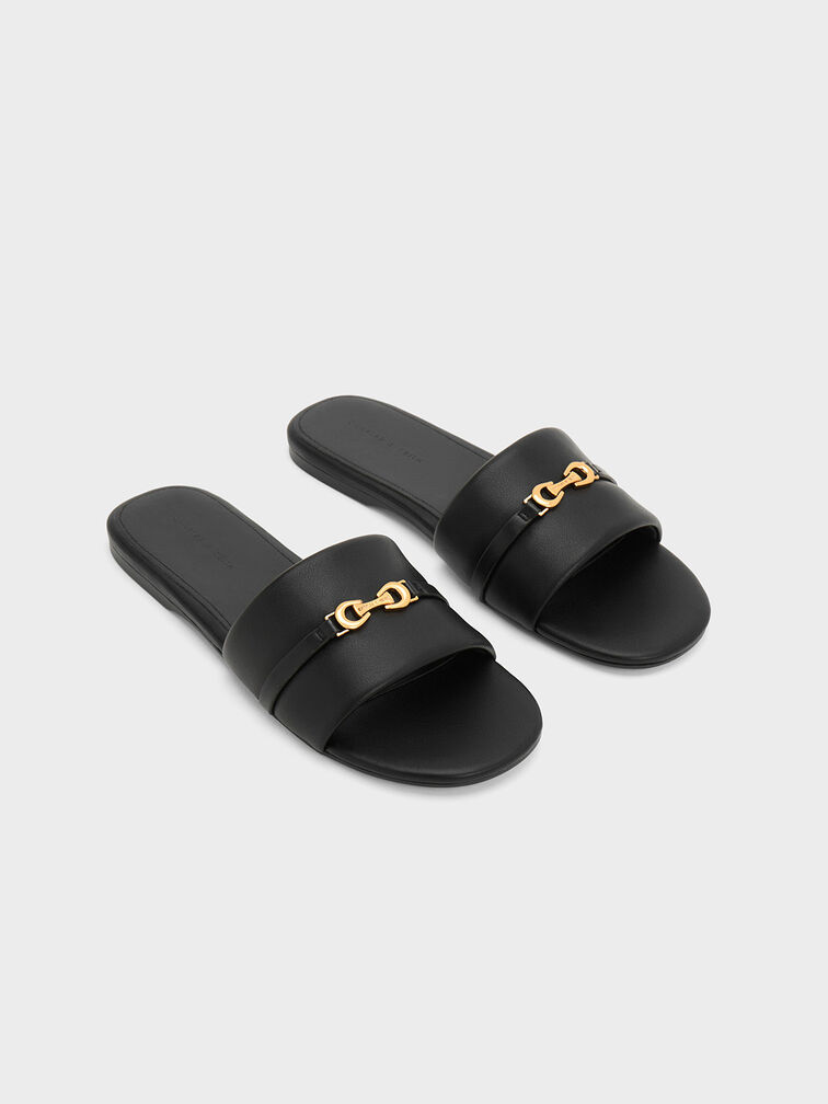 Sandal Slide Metallic Accent Round-Toe, Black, hi-res
