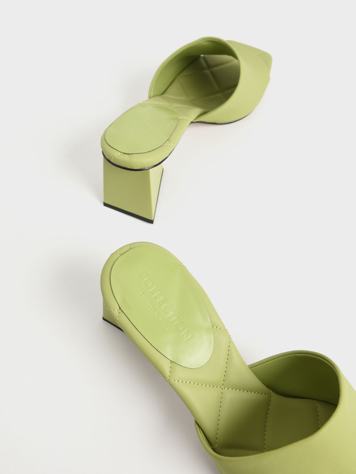 Leather Trapeze Heel Mules, Green, hi-res