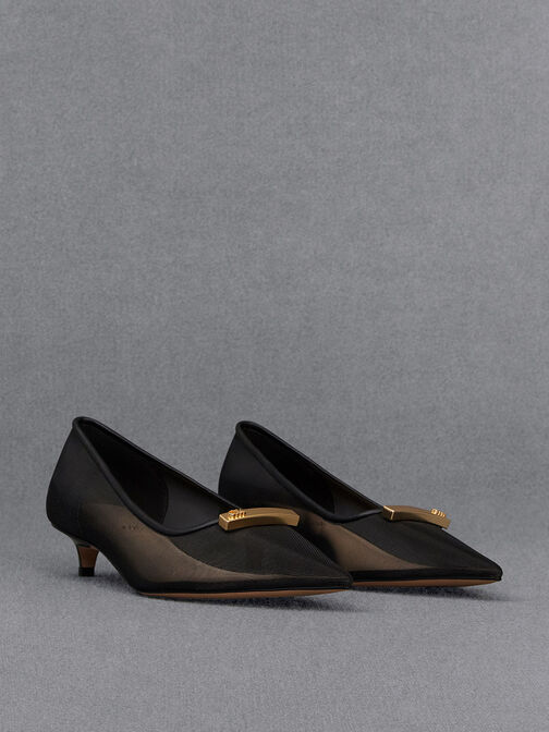 Sepatu Pumps Kitten-Heel Mesh, Black Textured, hi-res