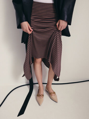 Sepatu Flats Ballet Metallic-Accent Patent, Nude, hi-res