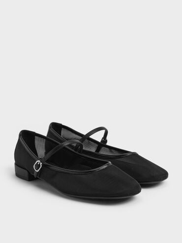 Sepatu Flats Mary Jane Mesh Gertrude, Black Textured, hi-res