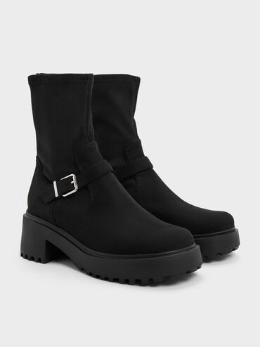 Sepatu Boots Ankle Platform Evan Faux Suede, Black Textured, hi-res