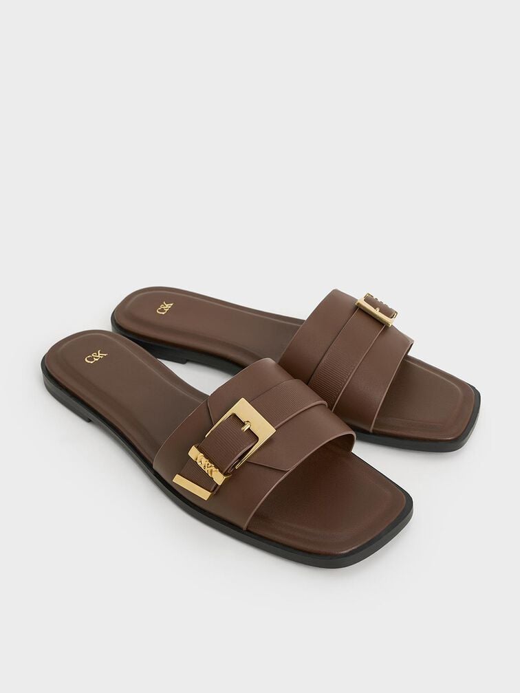 Whitney Leather Slide Sandals, Dark Brown, hi-res