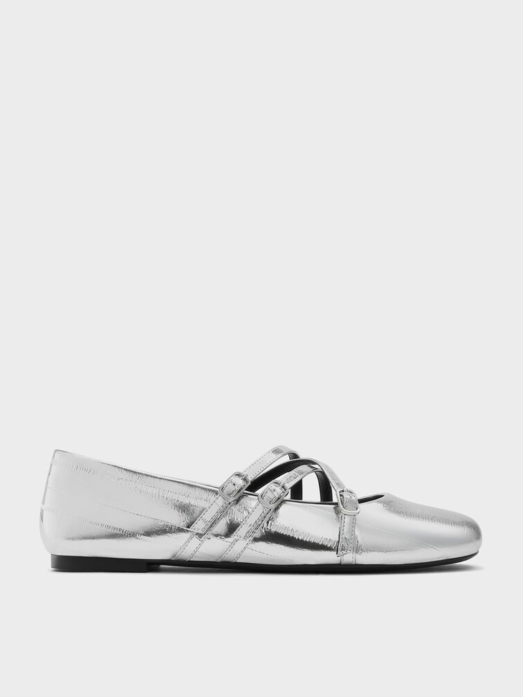 Metallic Triple-Strap Crossover Mary Jane Flats, Silver, hi-res