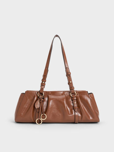 Britton Ruched Elongated Shoulder Bag, Chocolate, hi-res