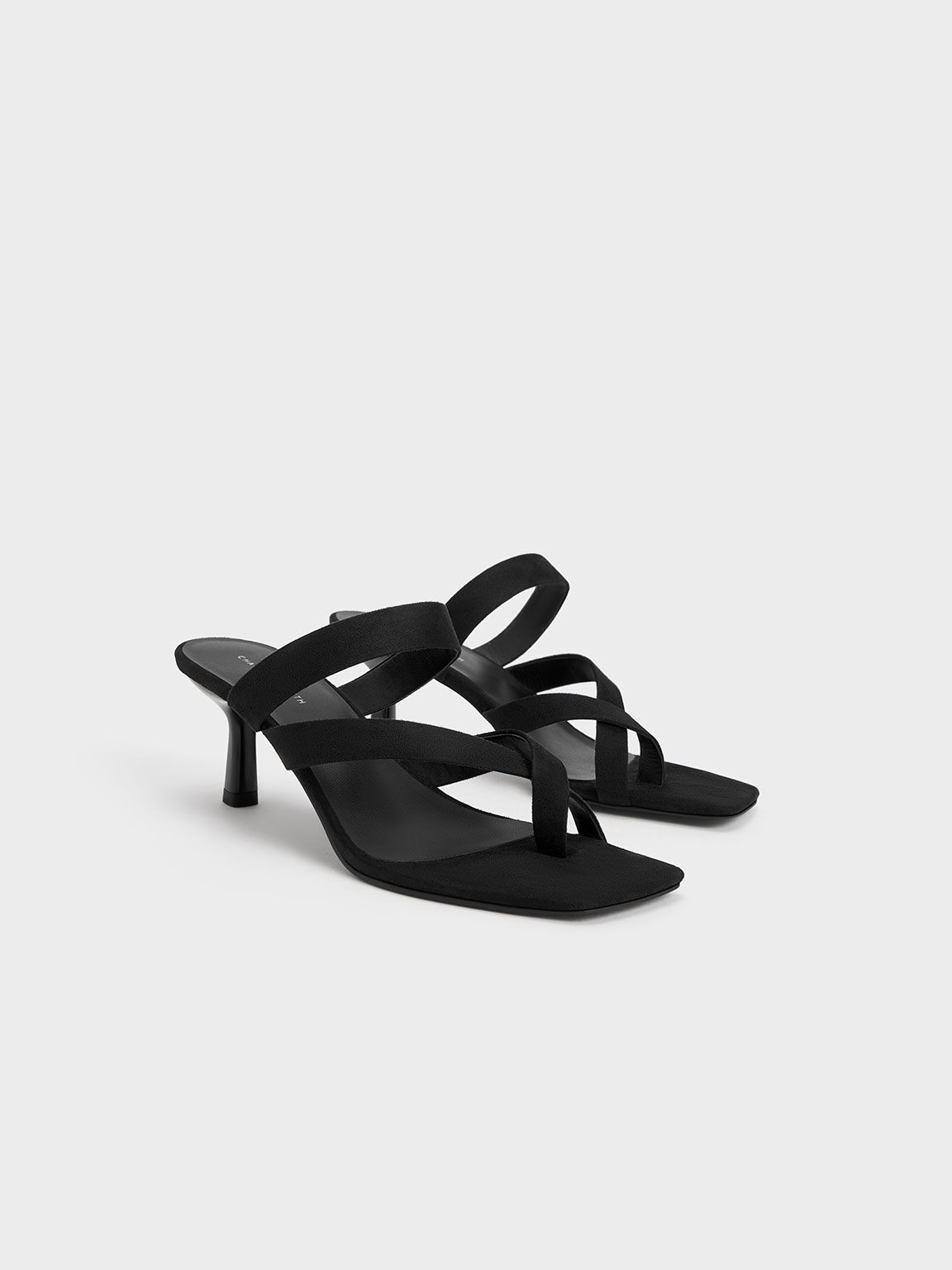 Sandal Heeled Toe Ring Textured Asymmetric, Black, hi-res