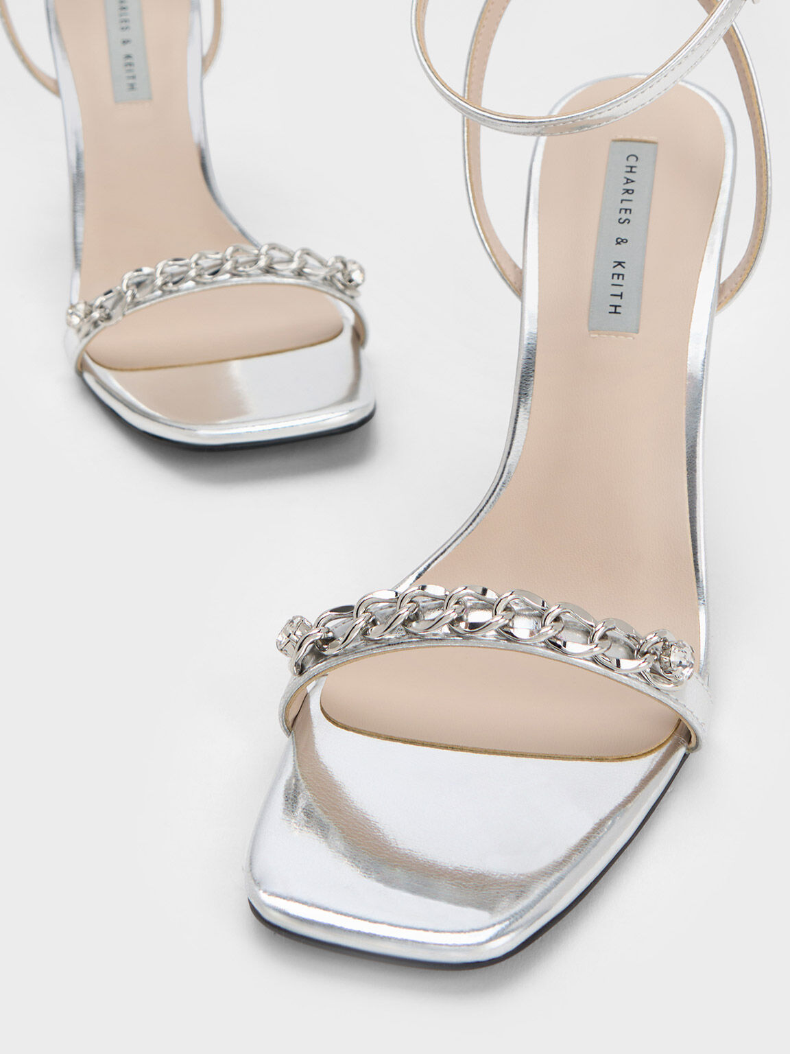 Sandal Ankle Strap Chain-Embellished, Silver, hi-res