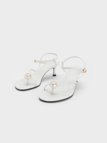 Pearl Embellished Strappy Sandals, White, hi-res