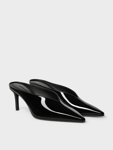 Sepatu Mules Heeled Pointed Patent, Black Patent, hi-res