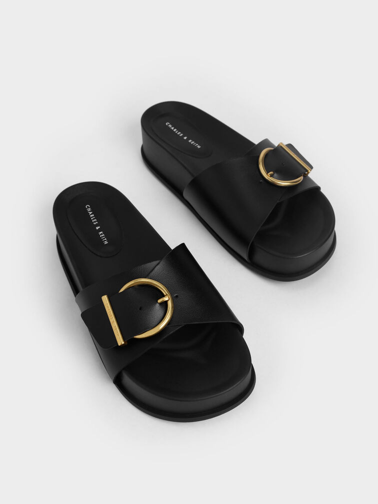 Metallic Buckle Flatform Sandals, Black, hi-res