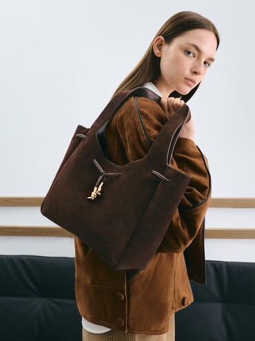 Mila Recycled Suede Metallic-Knot Drawstring Tote Bag, Espresso Brown, hi-res