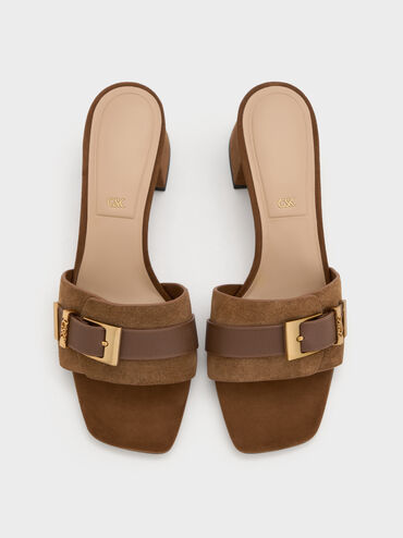 Sepatu Mules Block-Heel Buckle Suede & Leather Whitney, Brown, hi-res