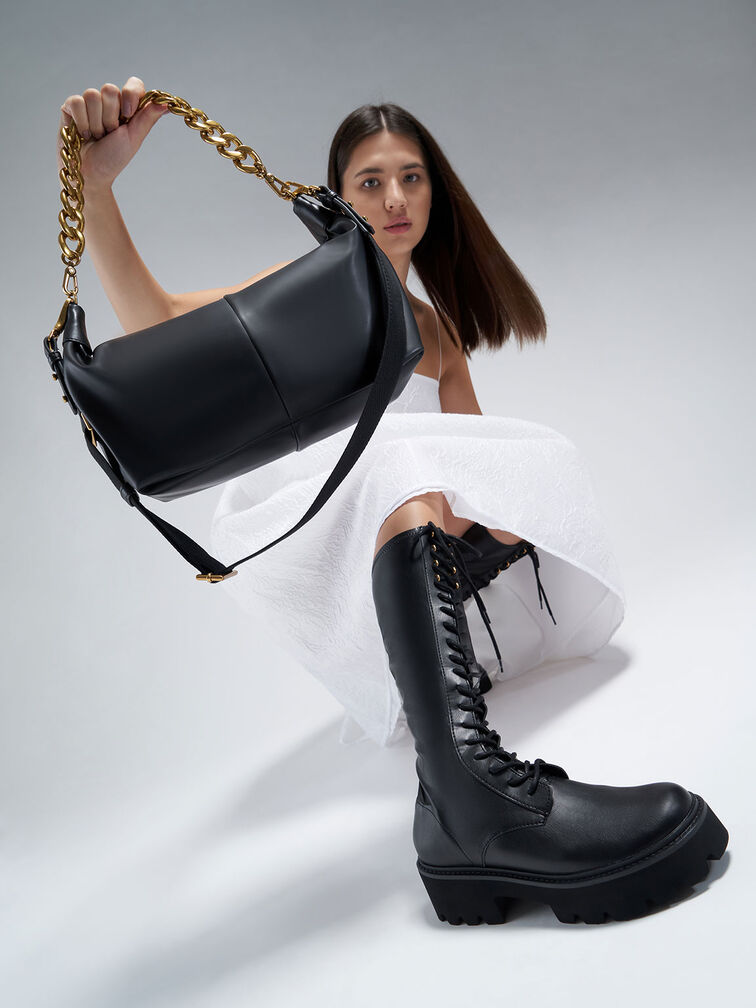 Chunky Chain Link Hobo Bag, Black, hi-res
