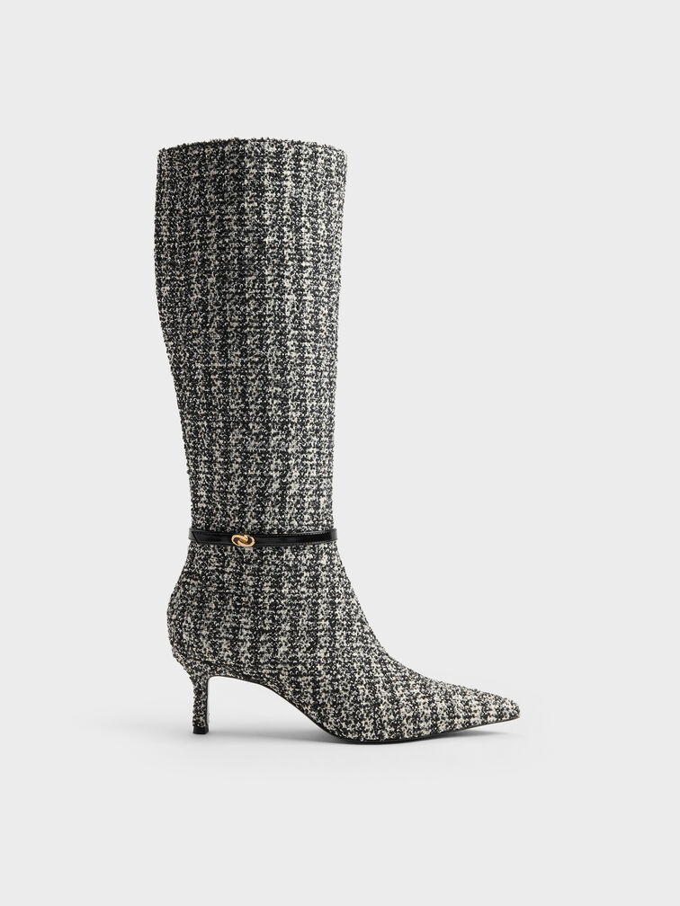 Tweed Pointed Heeled Knee-High Boots, Black Textured, hi-res