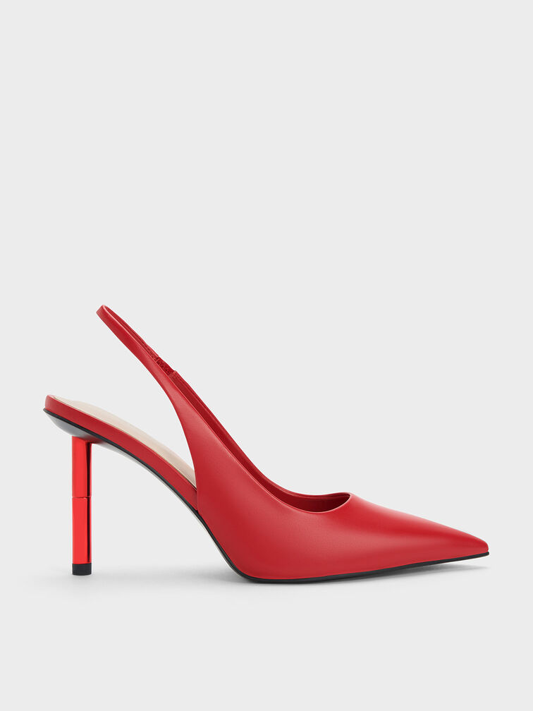 Sepatu Slingback Pumps Cylindrical Metallic Heel, Red, hi-res