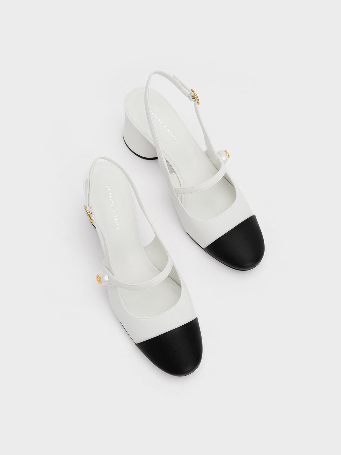 Sepatu Slingback Pumps Pearl Embellished Patent, White, hi-res
