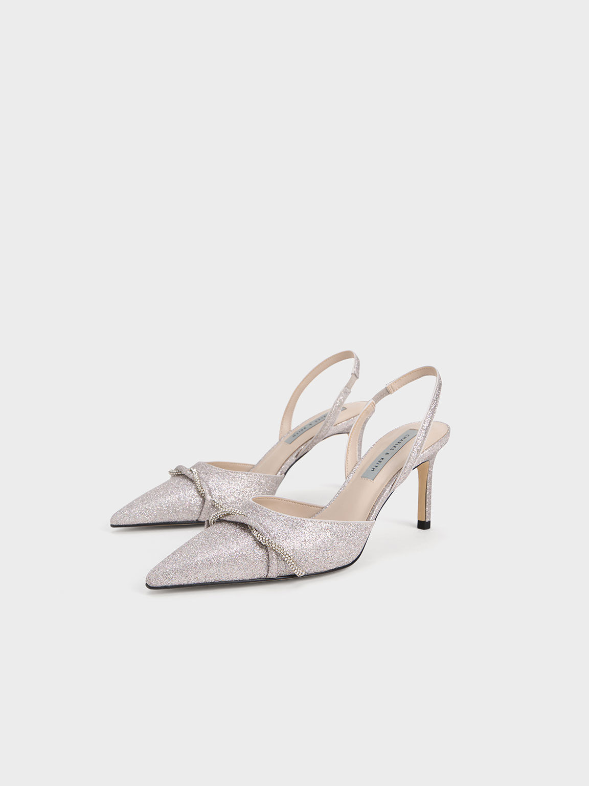 Sepatu Pumps Slingback Glittered Twist Detail, Silver, hi-res