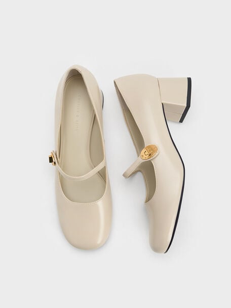 Sepatu Mary Janes Patent Metallic-Buckle Block-Heel, Chalk, hi-res