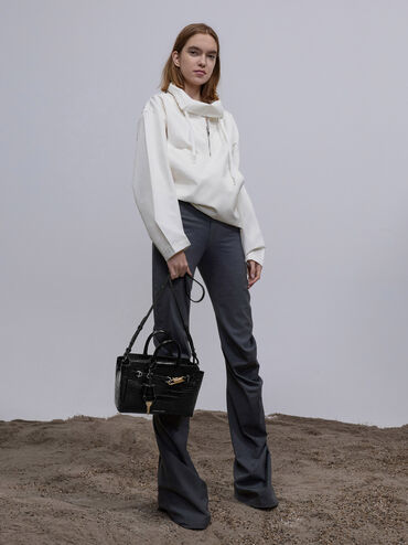 Mini Delfina Croc-Effect Belted Tote Bag, Black Croco, hi-res