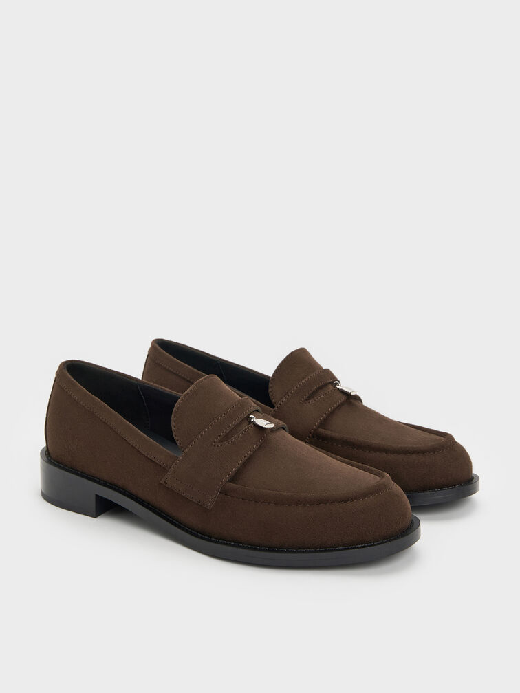 Sepatu Loafers Griselda Faux Suede, Dark Brown Textured, hi-res