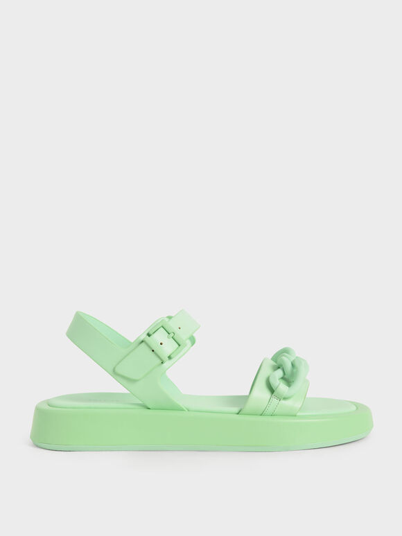 Sandal Ankle Strap Padded Chunky Chain-Link, Green, hi-res