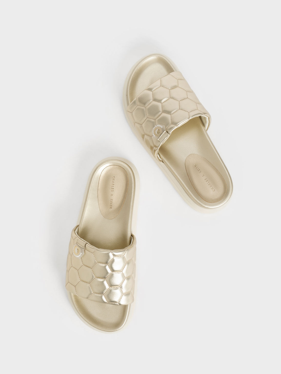 Sandal  Metallic Textured Flatform Sliders, Gold, hi-res