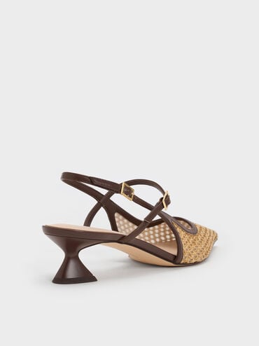 Sepatu Pumps Slingback Sculptural-Heel Raffia, Dark Brown Textured, hi-res