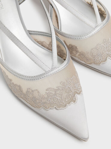 Sepatu Kitten Heels Slingback Embroidered-Satin, Silver, hi-res