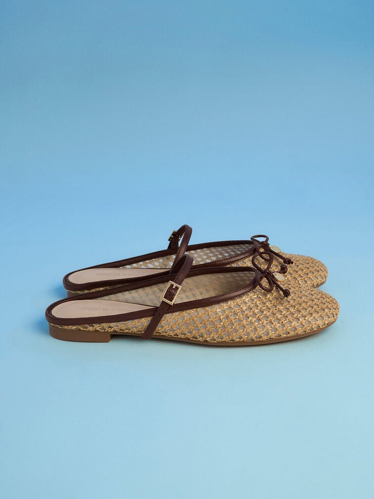 Sepatu Mules Mary Jane Bow Raffia, Dark Brown Textured, hi-res