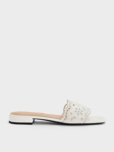 Sandal Selip Embroidered Leather, White, hi-res