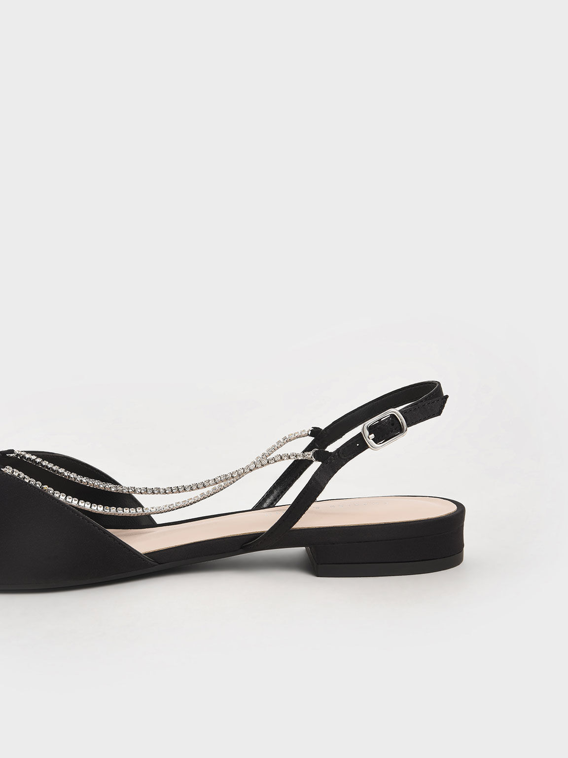 Sepatu Slingback Flats Satin Gem-Embellished, Black, hi-res