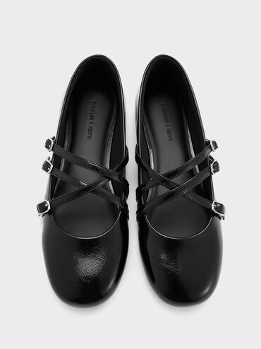 Sepatu Flats Mary Jane Crossover Patent Triple-Strap, Black Patent, hi-res