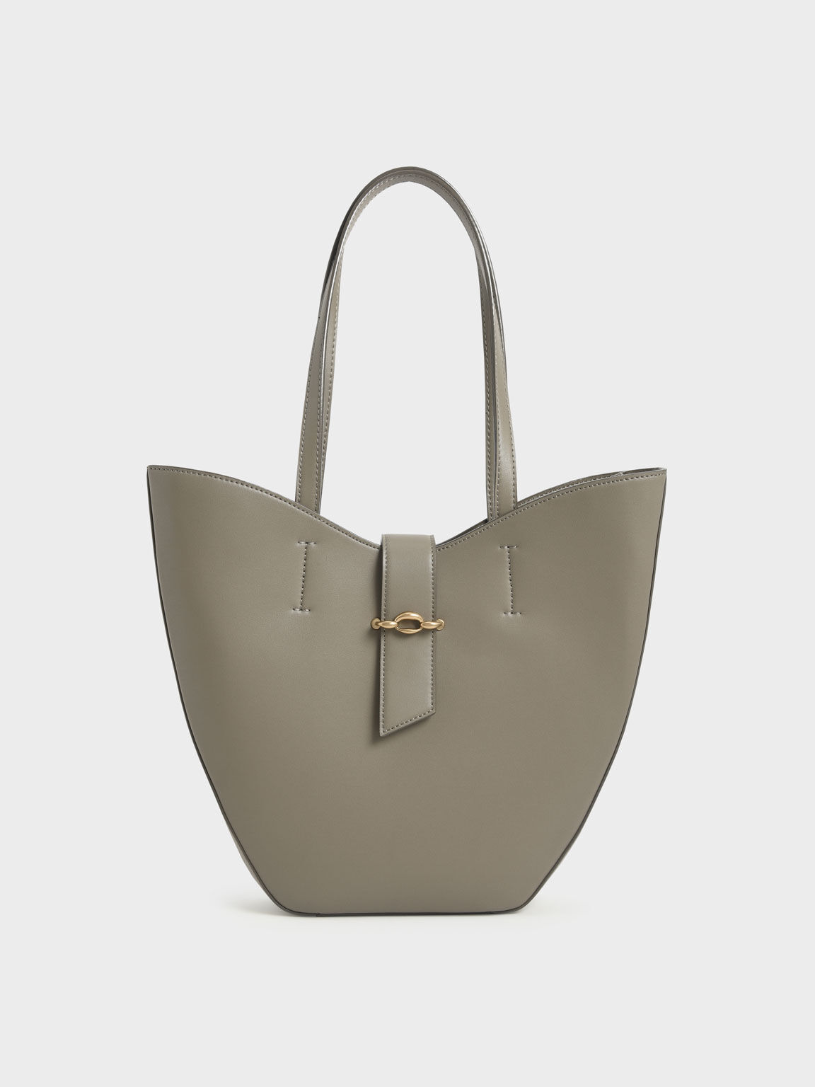 Taupe Belt Buckle Strap Large Tote Bag 
