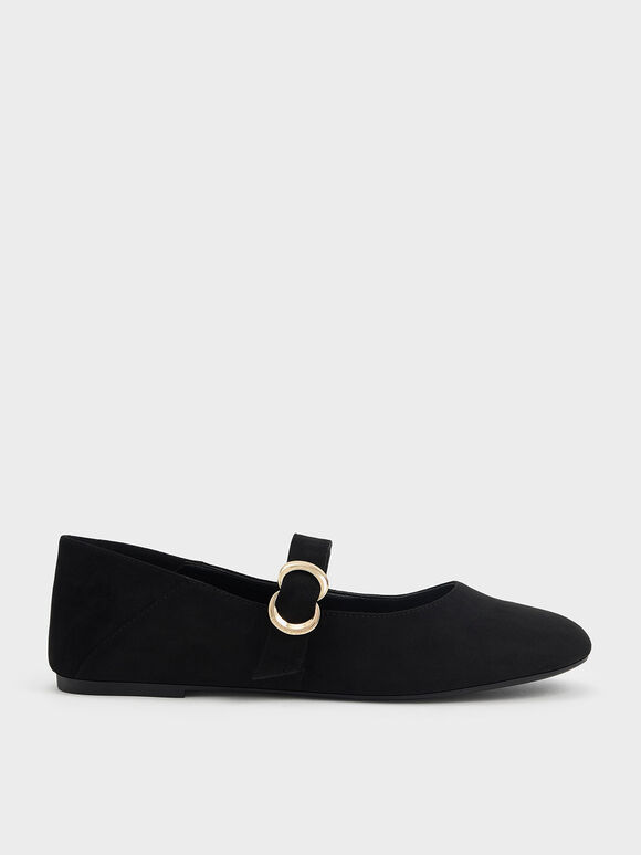 Sepatu Mary Jane Ballerina Flats Metallic Accent Textured, Black Textured, hi-res