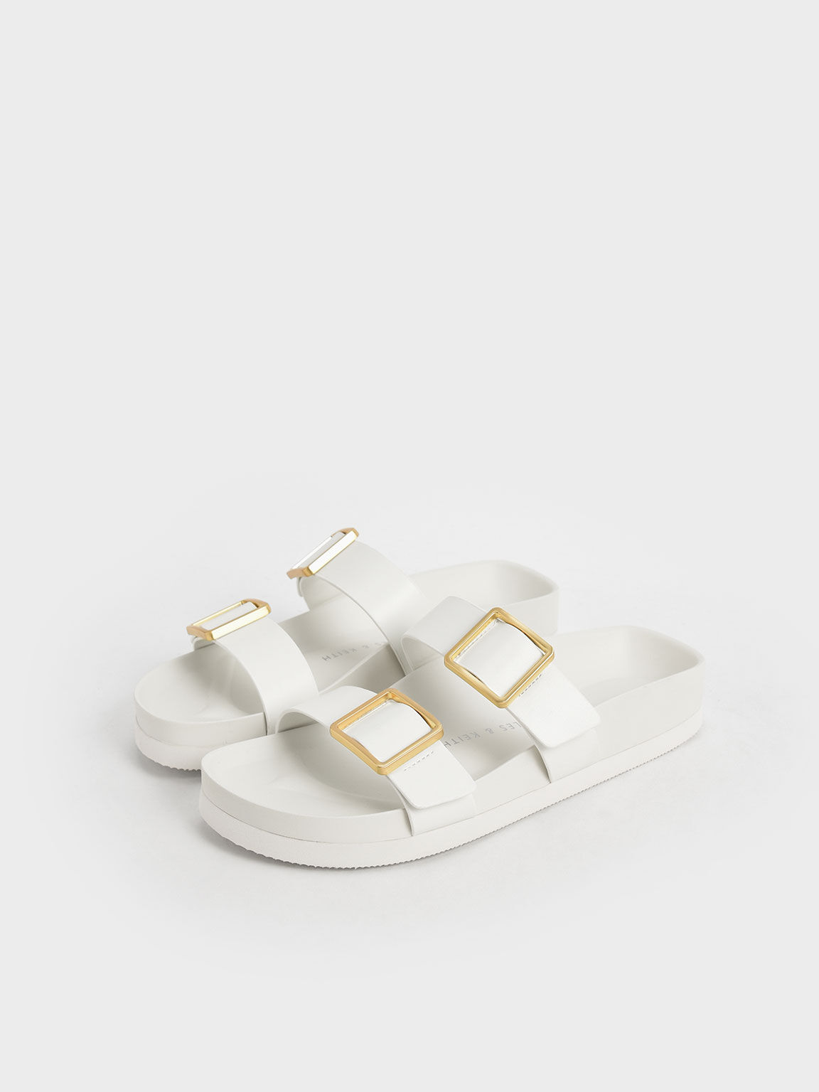 Sandal Slide Metallic Buckle, White, hi-res