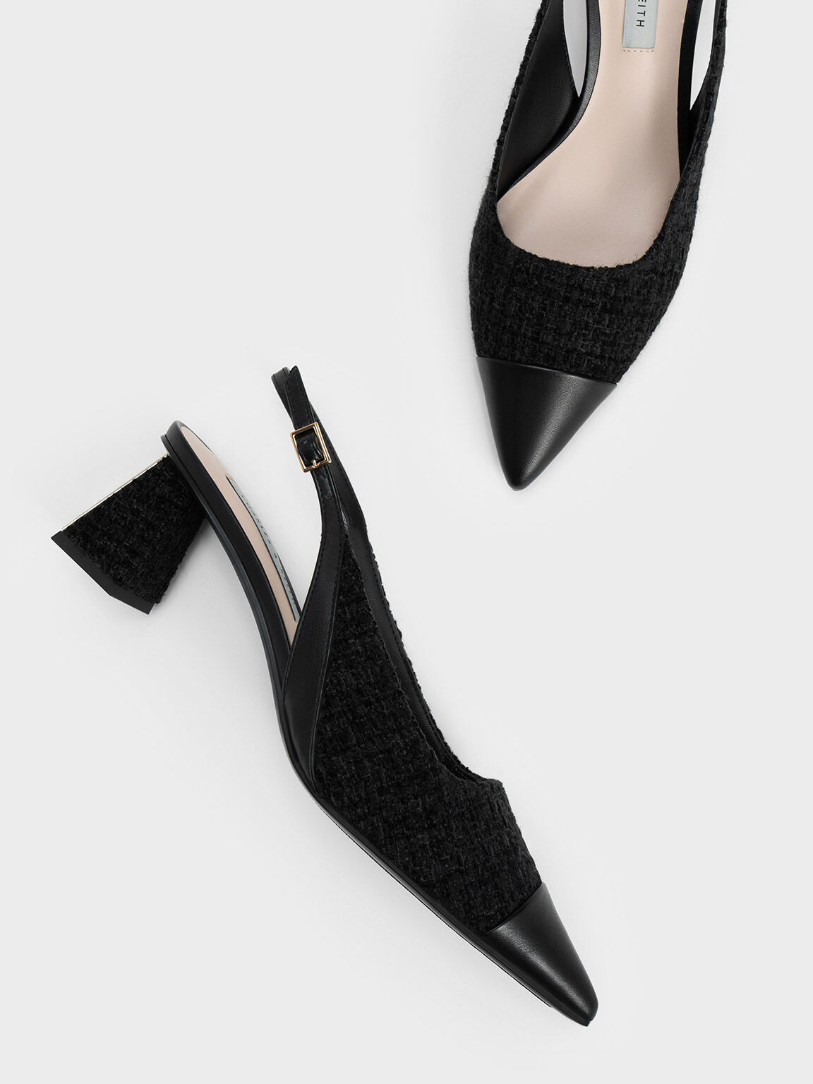 Sepatu Pumps Slingback Toe Cap Tweed, Black Textured, hi-res