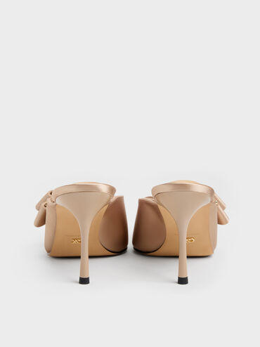 Sepatu Mules Heeled Pointed Pleated-Bow, Nude, hi-res