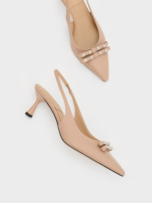 Square Crystals Pointed-Toe Leather Slingback Pumps, Nude, hi-res