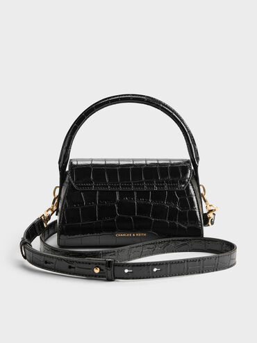 Tas Top Handle Front Flap Kaila Croc-Effect, Black Croco, hi-res