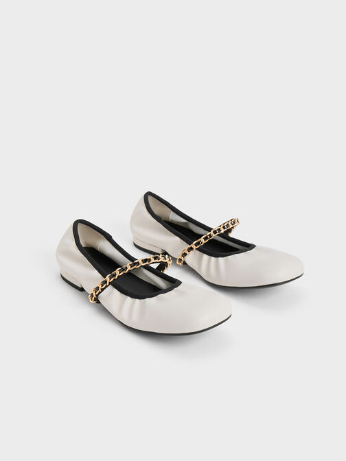 Sepatu Mary Janes Braided-Chain Strap, White, hi-res