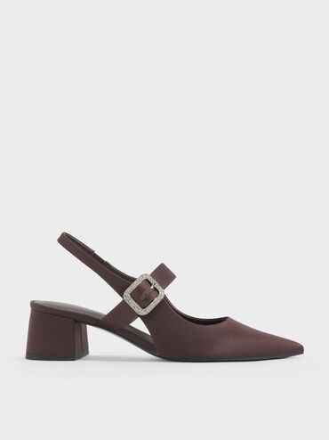 Sepatu Slingback Pumps Block-Heel Crystal-Buckle Satin, Dark Brown Textured, hi-res