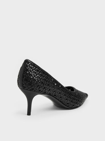Woven Pointed Stiletto Pumps, Black, hi-res