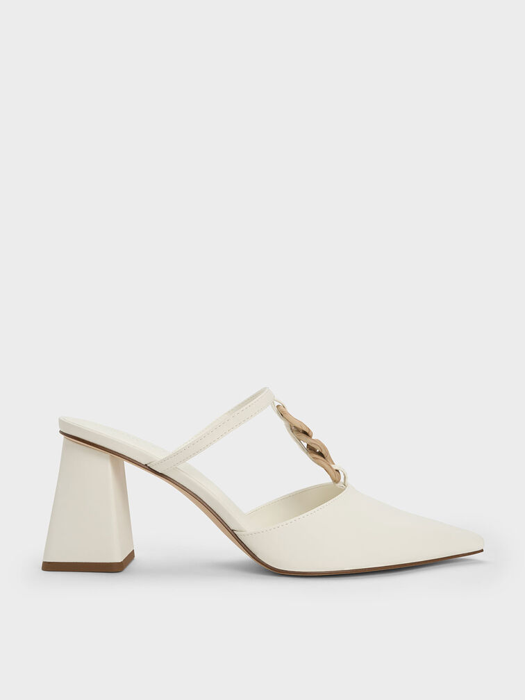 Chunky Chain-Link Heeled Mules, White, hi-res