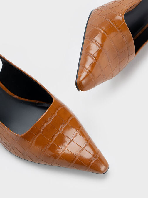 Sepatu Slingback Pumps Slant Heel Croc-Effect, Animal Print Brown, hi-res