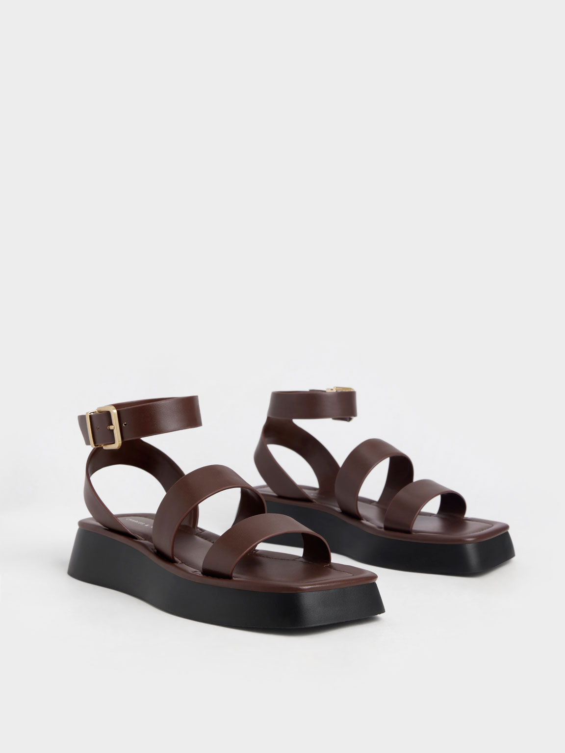 Square Toe Ankle-Strap Sandals, Brown, hi-res