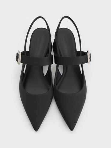 Sepatu Slingback Pumps Block-Heel Crystal-Buckle Satin, Black Textured, hi-res